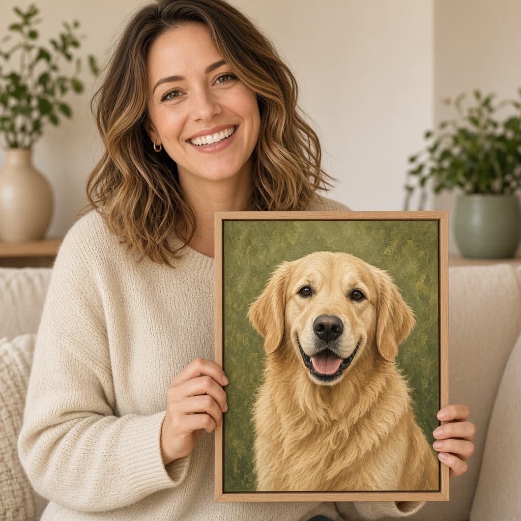 Customer holding a pet portrait painting by Max