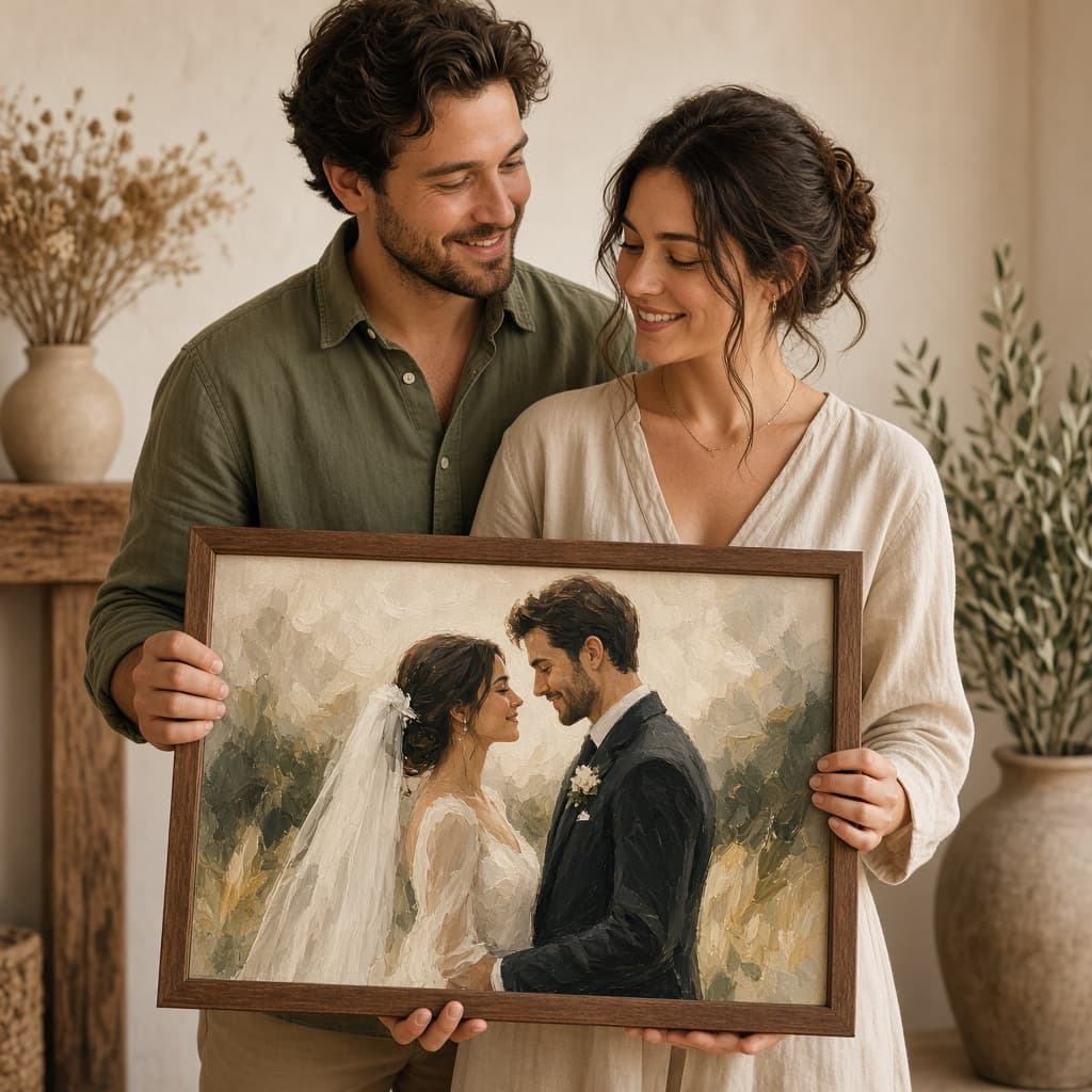 Couple holding a wedding portrait painting by Max